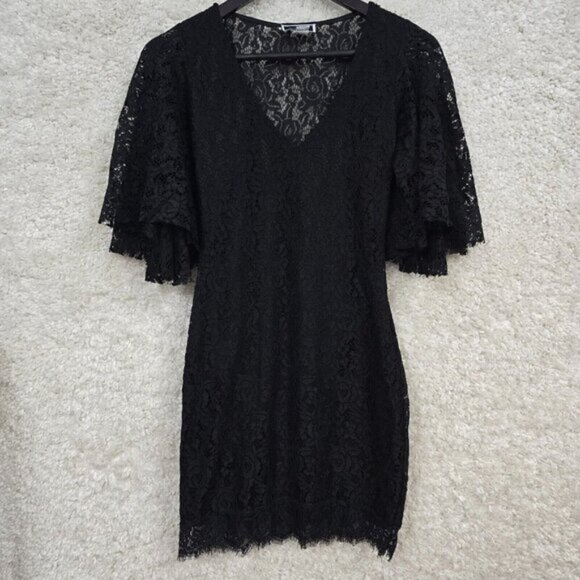 Whimsigoth Lace Mini Dress Black Flare Sleeve Fairycore Goth Womens - Picture 1 of 7